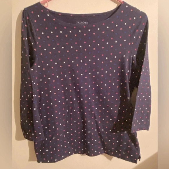 Talbots Mini Confetti Dot 3/4 sleeve Navy T-Shirt Sz Medium Bateau Neck - Picture 1 of 7